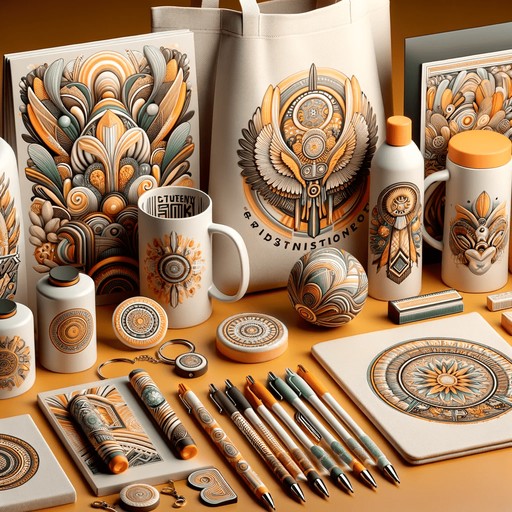 DALL·E 2024 01 14 15.59.25 A realistic 3D representation of printed promotional items featuring intricate designs in a color scheme of light orange white and light green. The min