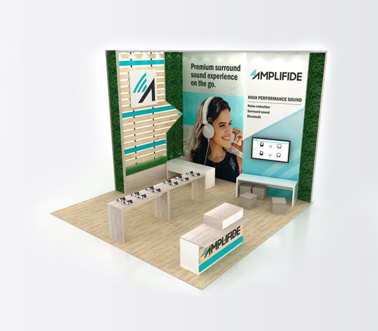 Naghma Booth – interactive booth design with wooden texture, green backdrop, demo table, digital screen, and welcoming lounge area